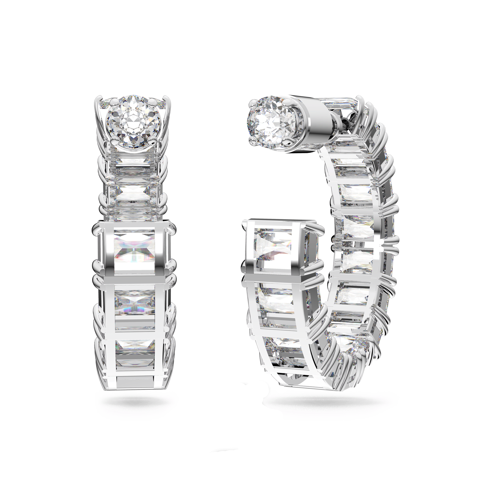 Matrix hoop earrings, Octagon cut, White, Rhodium plated