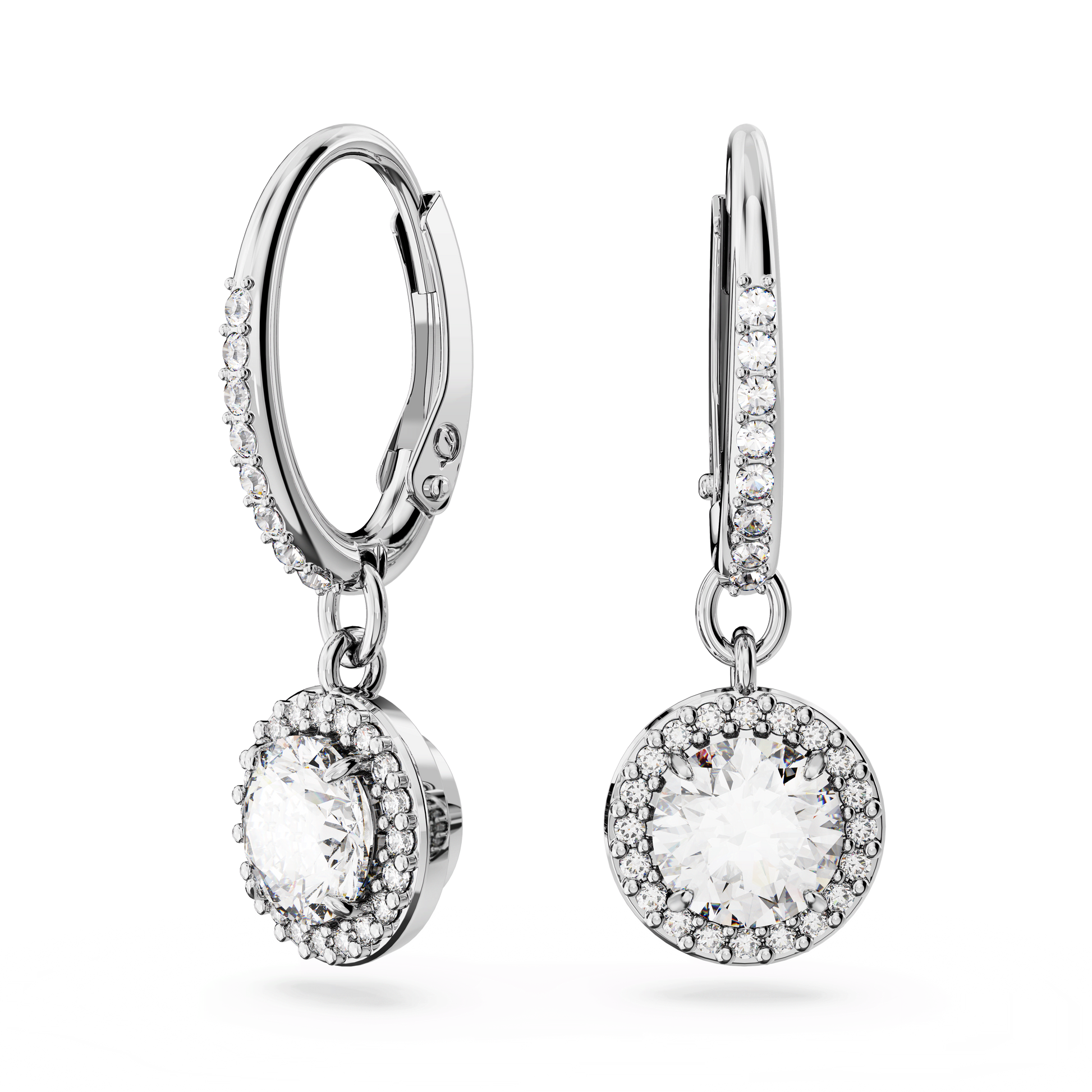 Una Angelic drop earrings, Round cut, Pavé, White, Rhodium plated