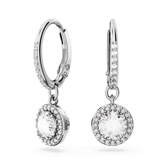 Una Angelic drop earrings, Round cut, Pavé, White, Rhodium plated