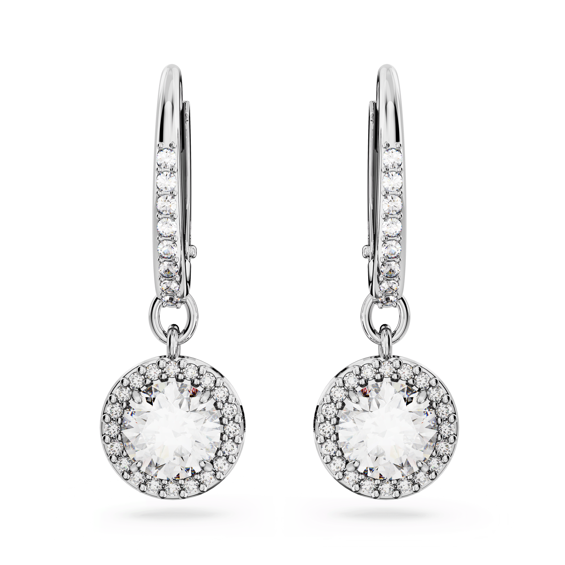 Una Angelic drop earrings, Round cut, Pavé, White, Rhodium plated