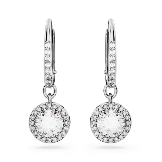 Una Angelic drop earrings, Round cut, Pavé, White, Rhodium plated