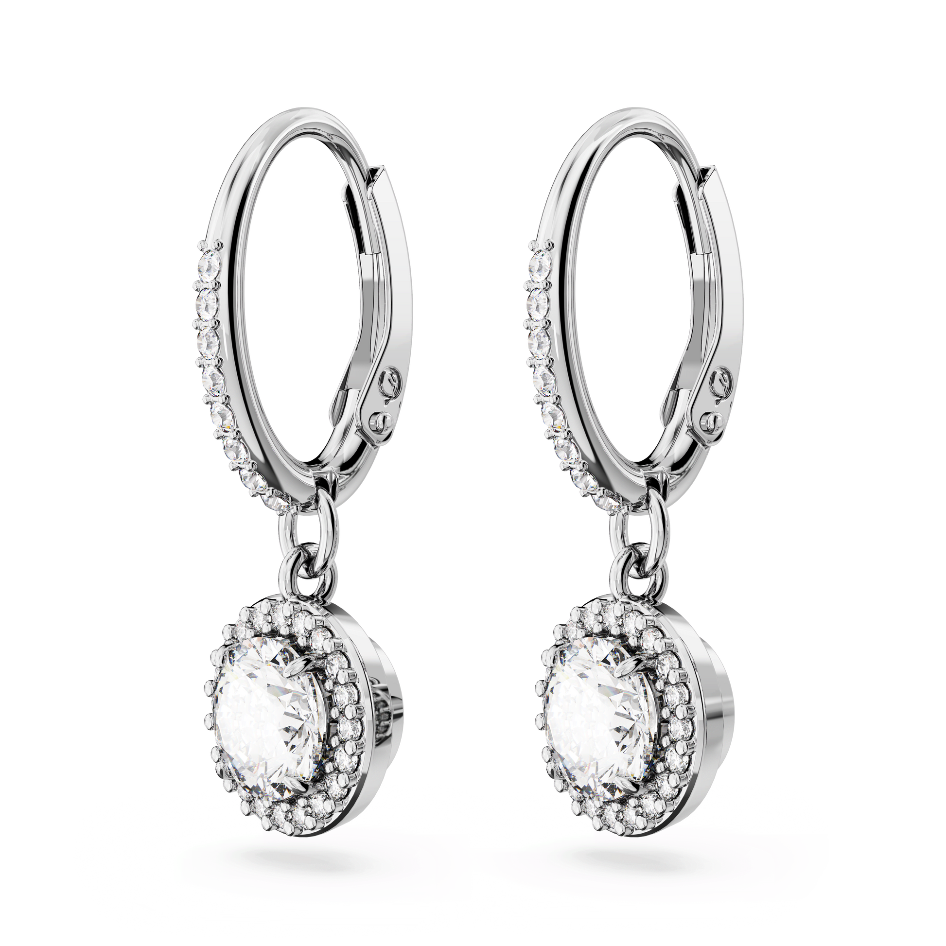 Una Angelic drop earrings, Round cut, Pavé, White, Rhodium plated