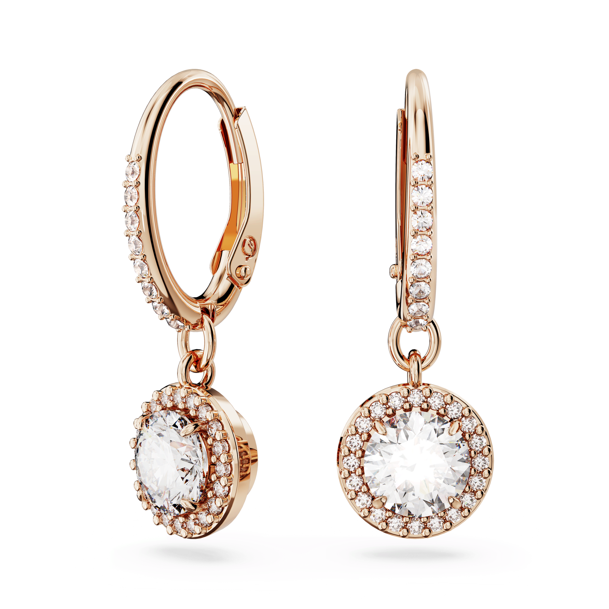 Una Angelic drop earrings, Round cut, Pavé, White, 18K rose gold finish