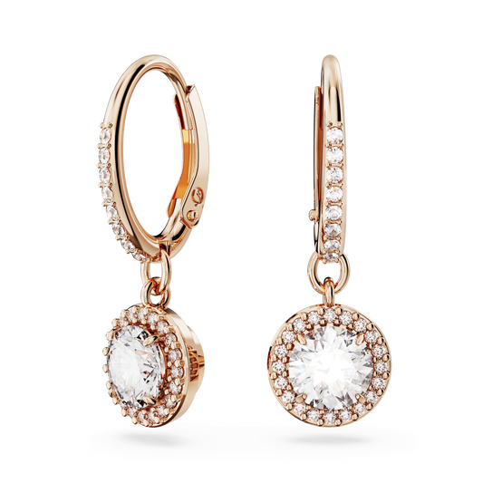 Una Angelic drop earrings, Round cut, Pavé, White, 18K rose gold finish