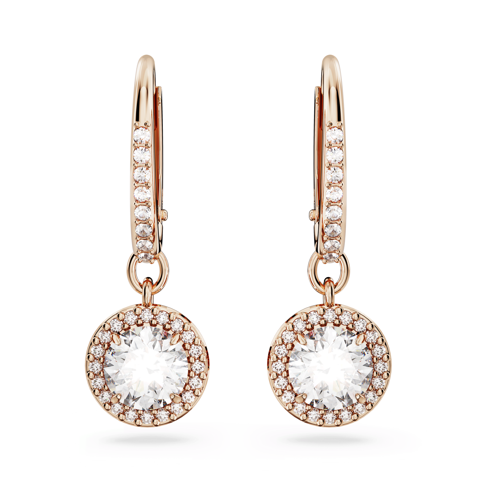 Una Angelic drop earrings, Round cut, Pavé, White, 18K rose gold finish
