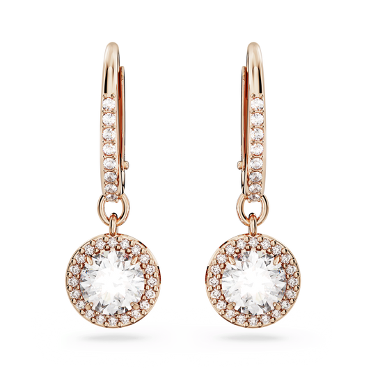Una Angelic drop earrings, Round cut, Pavé, White, 18K rose gold finish
