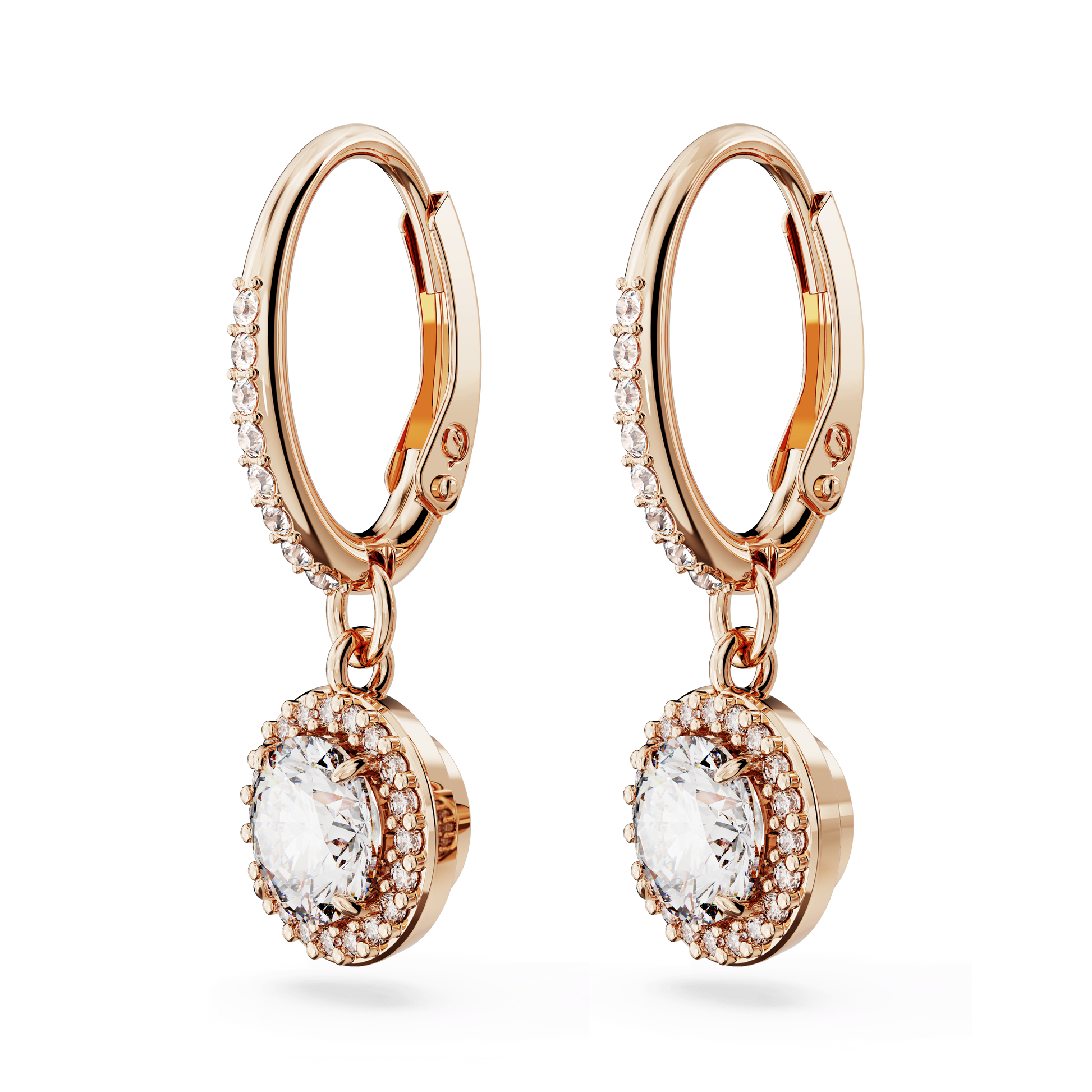 Una Angelic drop earrings, Round cut, Pavé, White, 18K rose gold finish