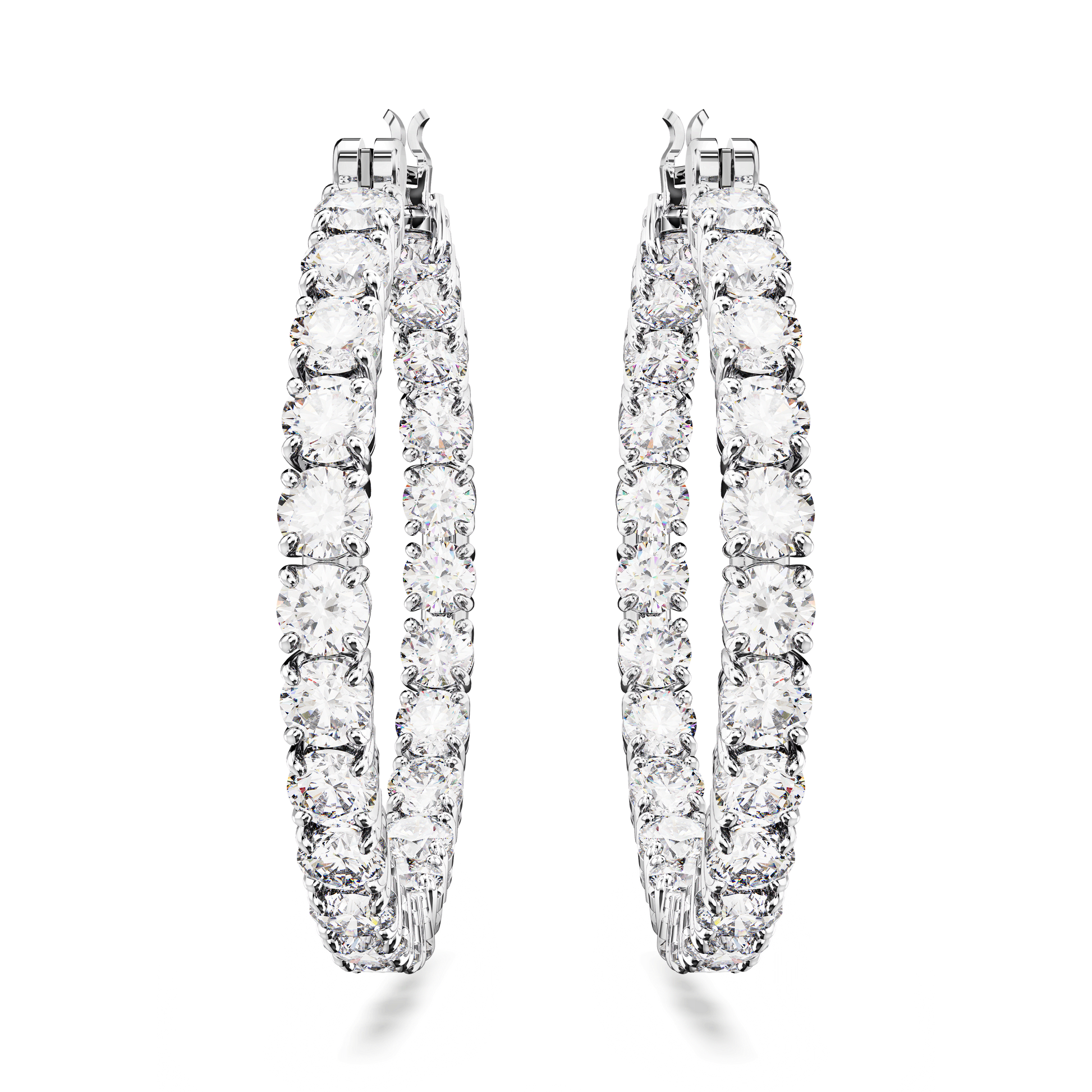 Matrix hoop earrings, Round cut, Large, White, Rhodium plated