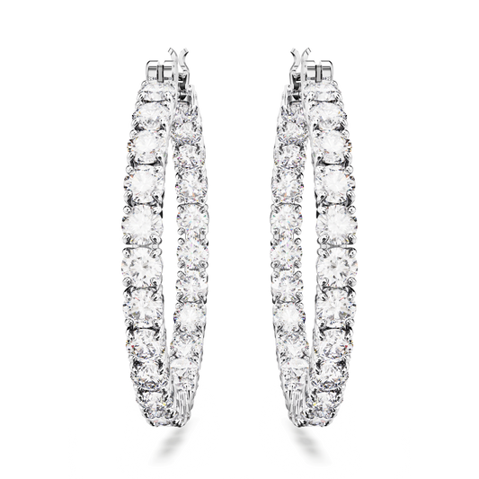 Matrix hoop earrings, Round cut, Large, White, Rhodium plated