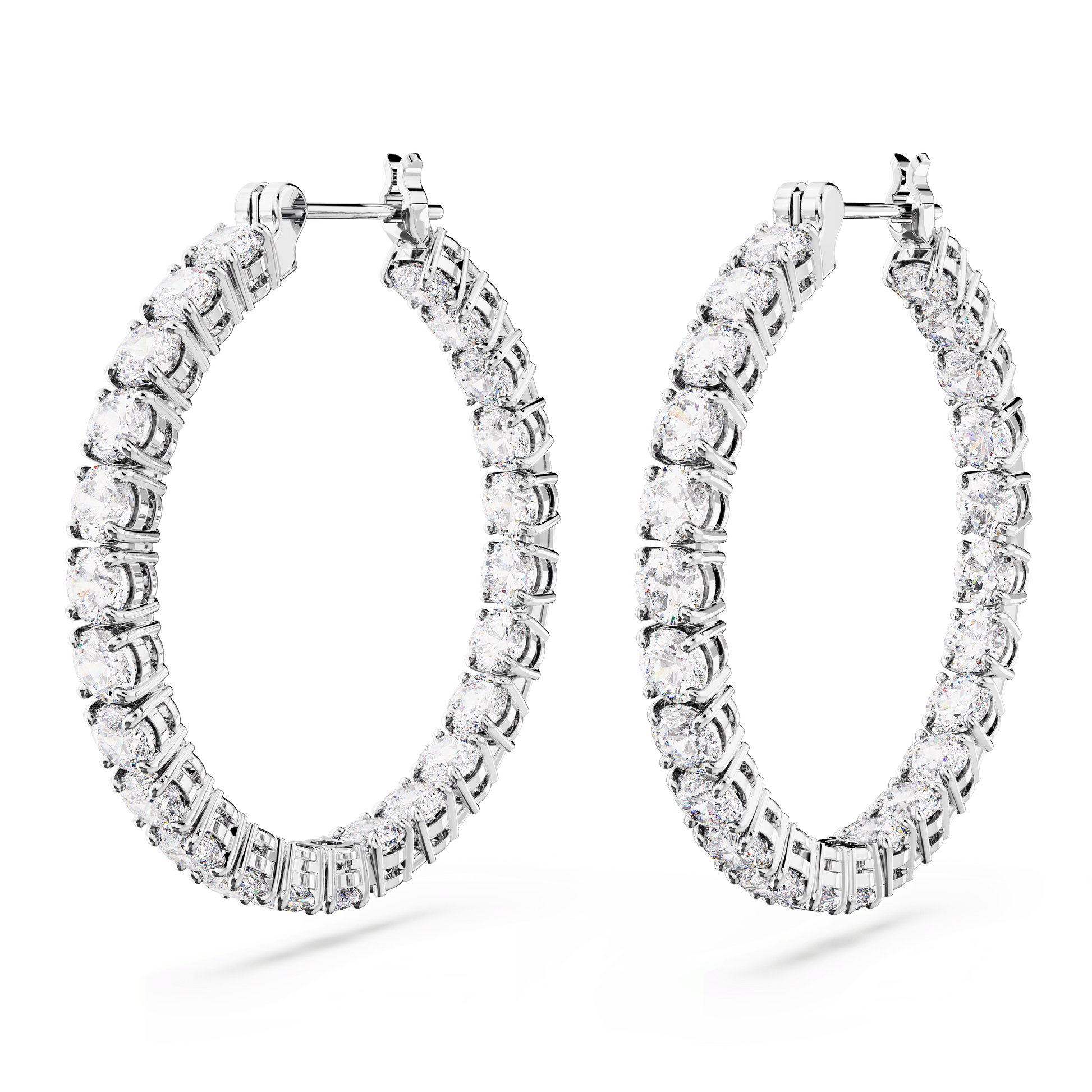 Matrix hoop earrings, Round cut, Large, White, Rhodium plated
