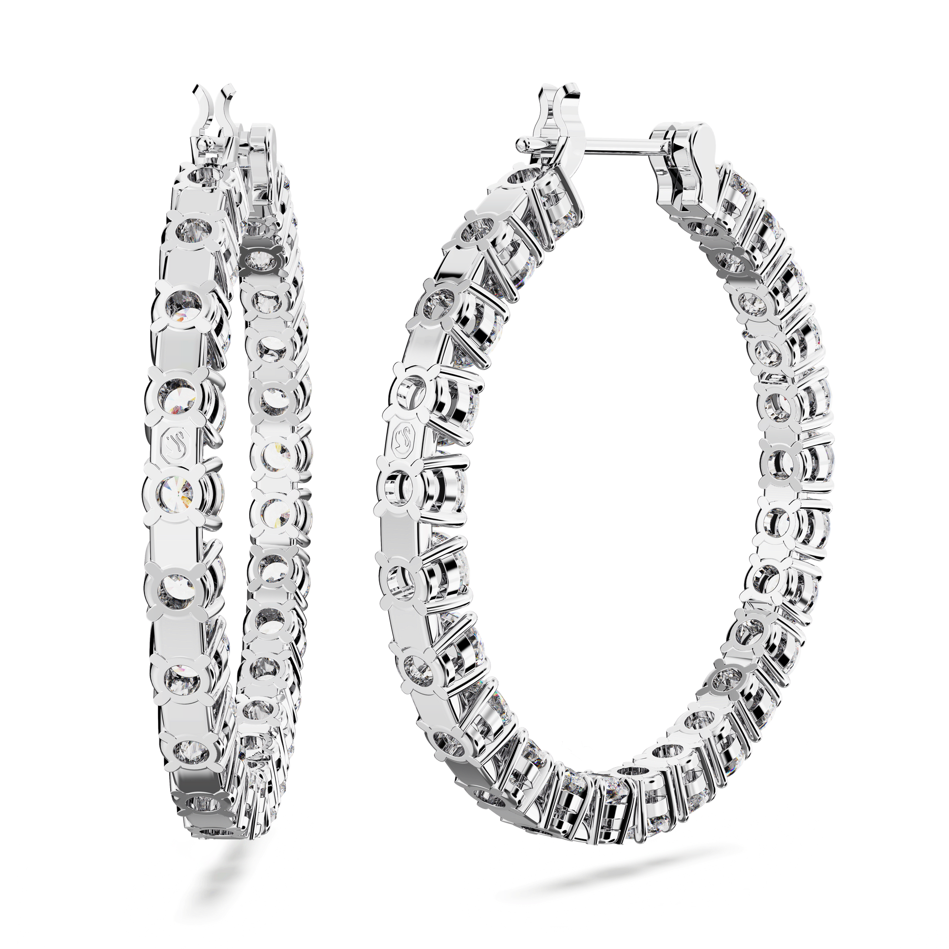Matrix hoop earrings, Round cut, Large, White, Rhodium plated