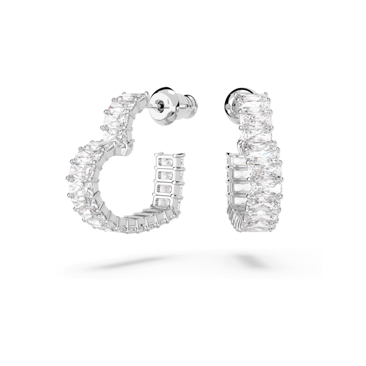 Matrix hoop earrings, Baguette cut, Heart, Small, White, Rhodium plated