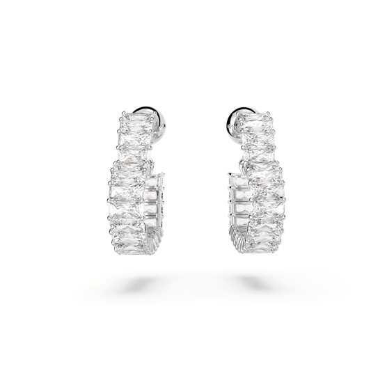 Matrix hoop earrings, Baguette cut, Heart, Small, White, Rhodium plated