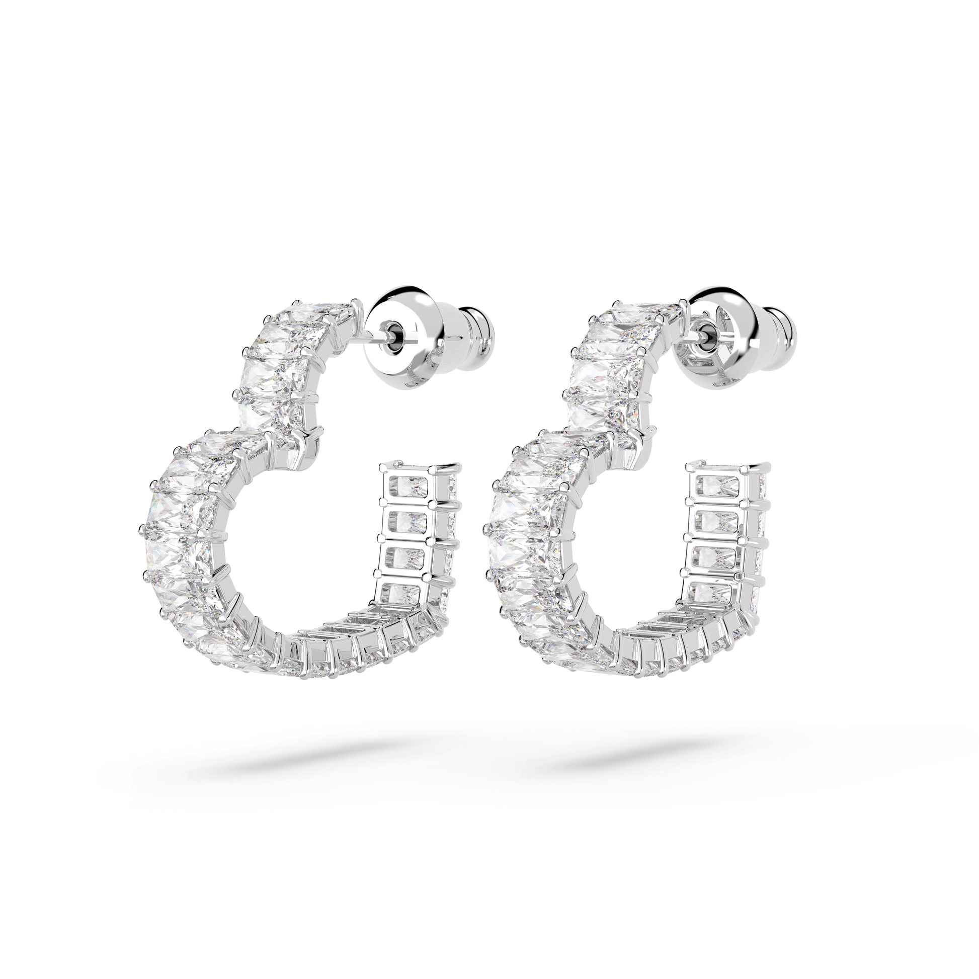 Matrix hoop earrings, Baguette cut, Heart, Small, White, Rhodium plated