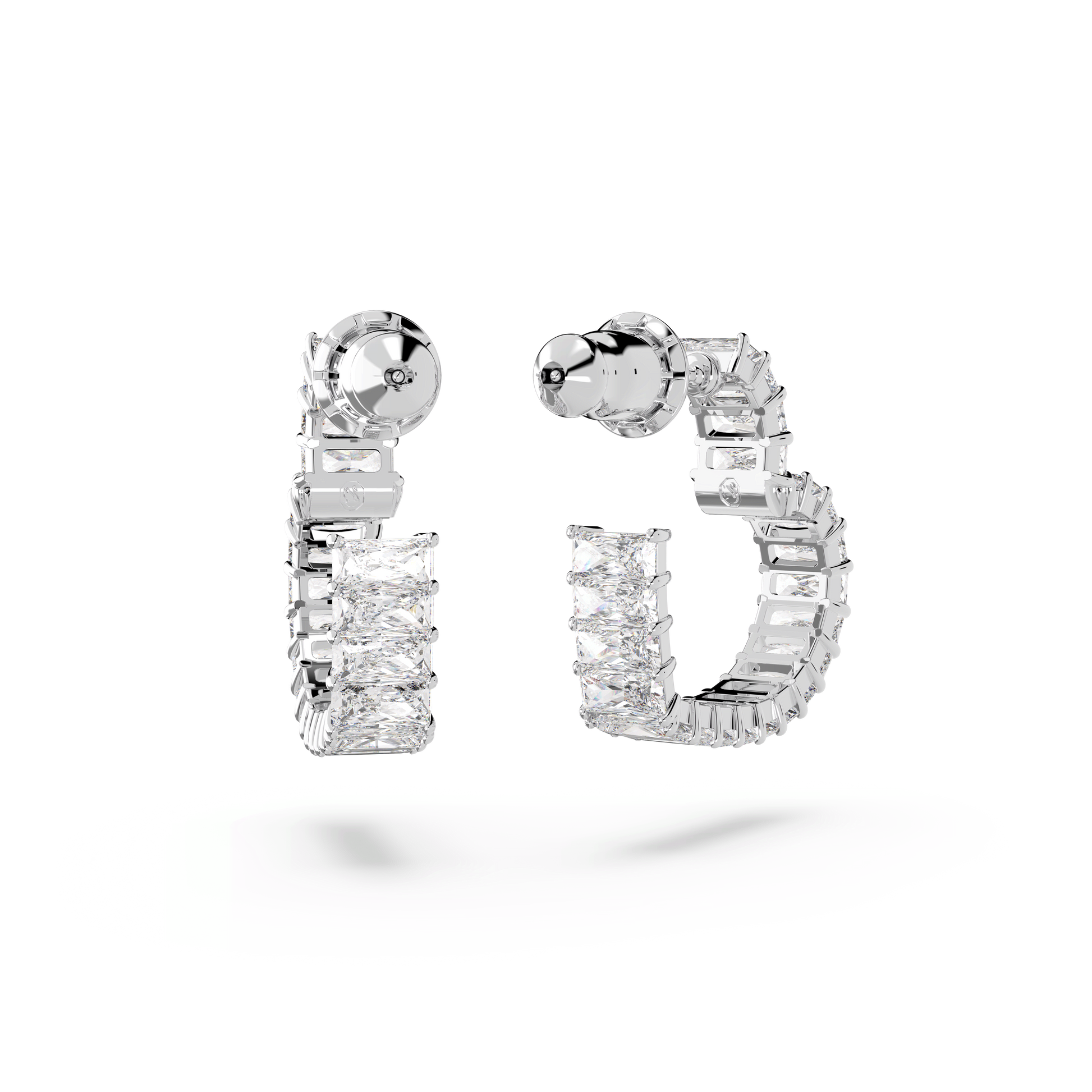 Matrix hoop earrings, Baguette cut, Heart, Small, White, Rhodium plated