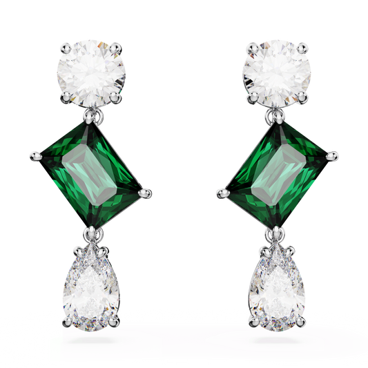 Mesmera drop earrings, Mixed cuts, Green, Rhodium plated