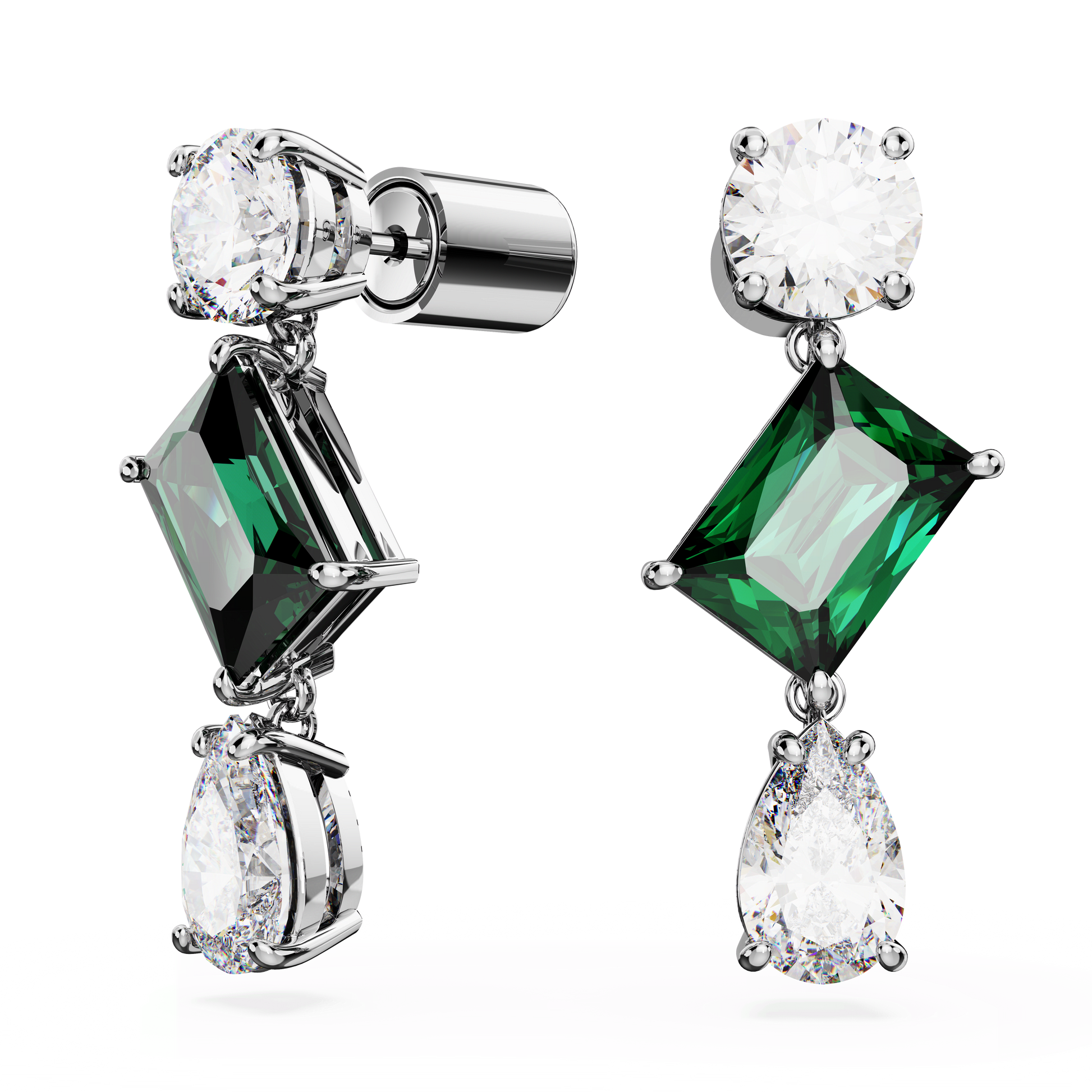 Mesmera drop earrings, Mixed cuts, Green, Rhodium plated