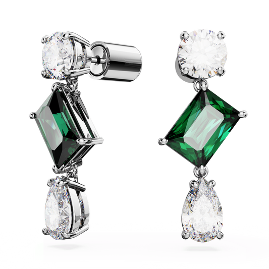 Mesmera drop earrings, Mixed cuts, Green, Rhodium plated