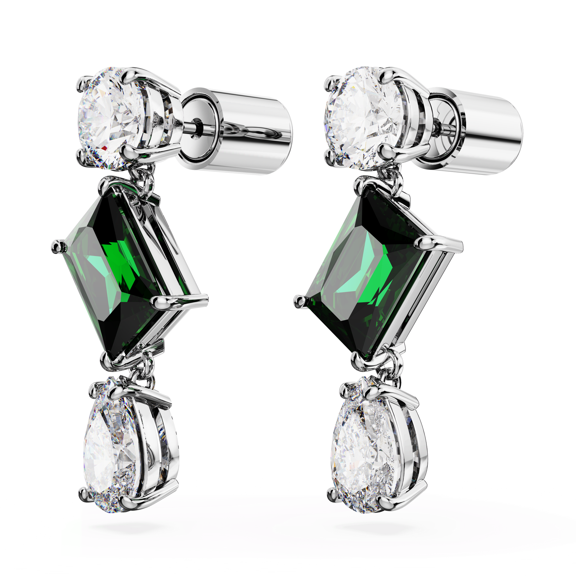 Mesmera drop earrings, Mixed cuts, Green, Rhodium plated