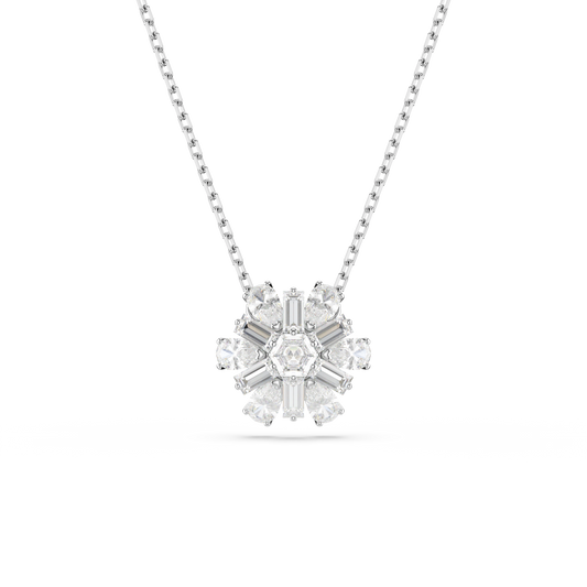 Swarovski Idyllia pendant, Mixed cuts, Snowflake, White, Rhodium plated