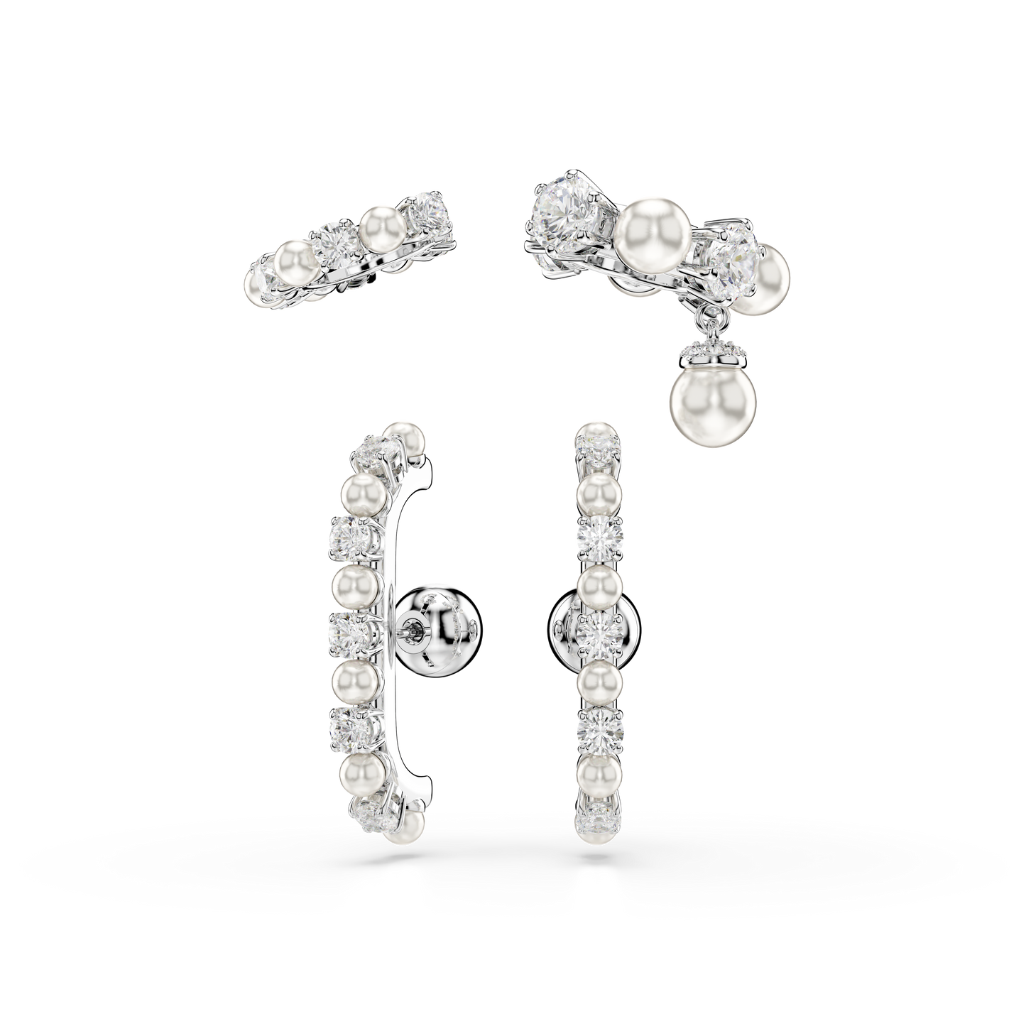 Swarovski Matrix ear cuff, Set (3), Crystal pearl, Round cut, White, Rhodium plated