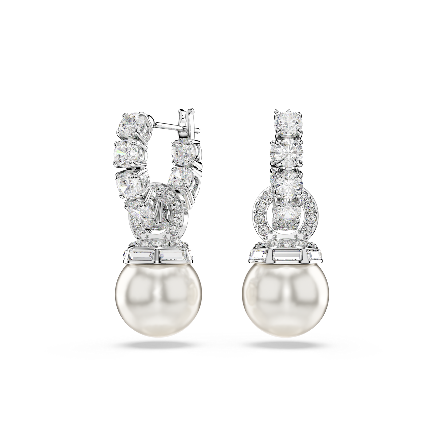 Swarovski Matrix drop earrings, Crystal pearl, Round cut, White, Rhodium plated