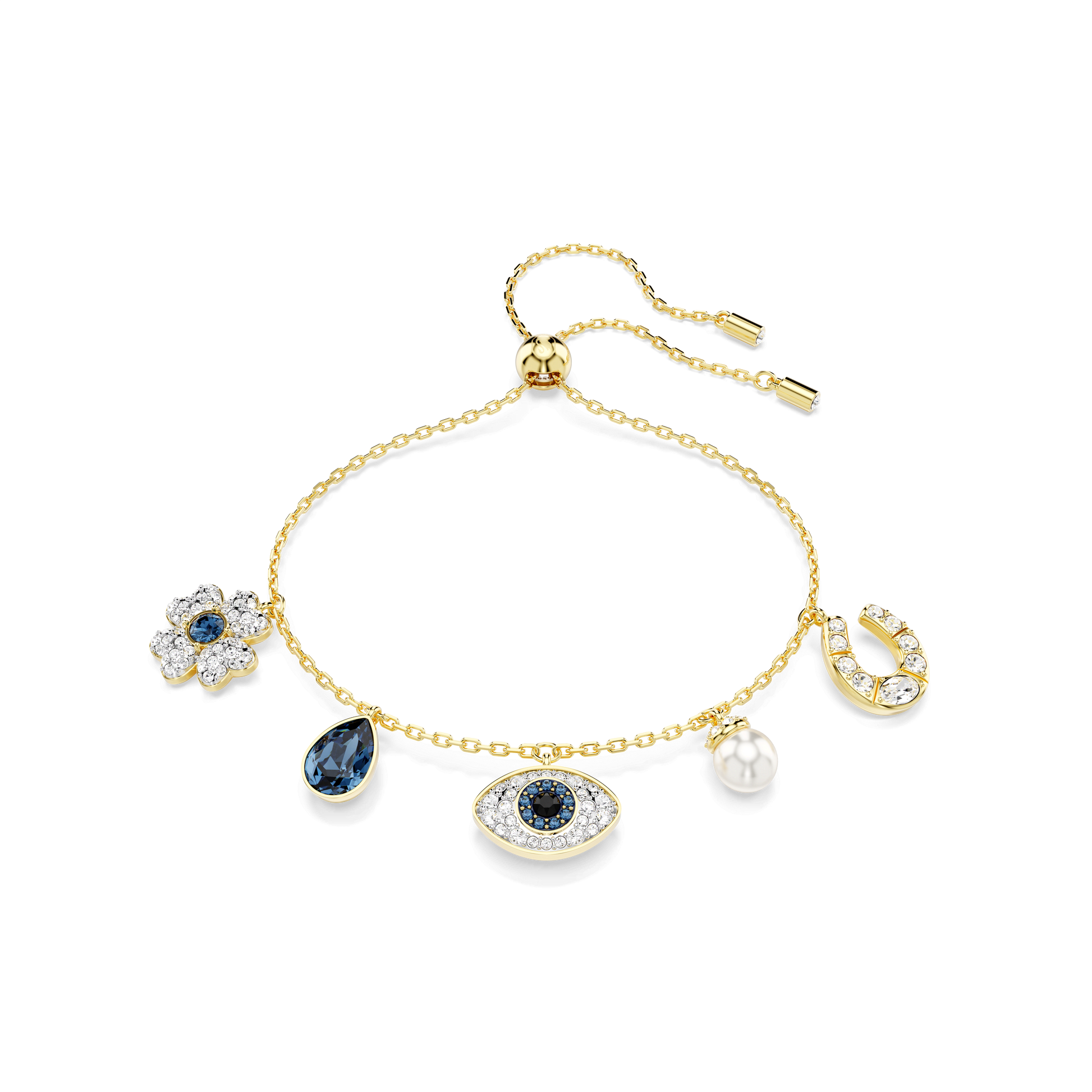 Symbolica bracelet, Crystal pearl, Clover, evil eye and horseshoe, Blue, 18K gold finish