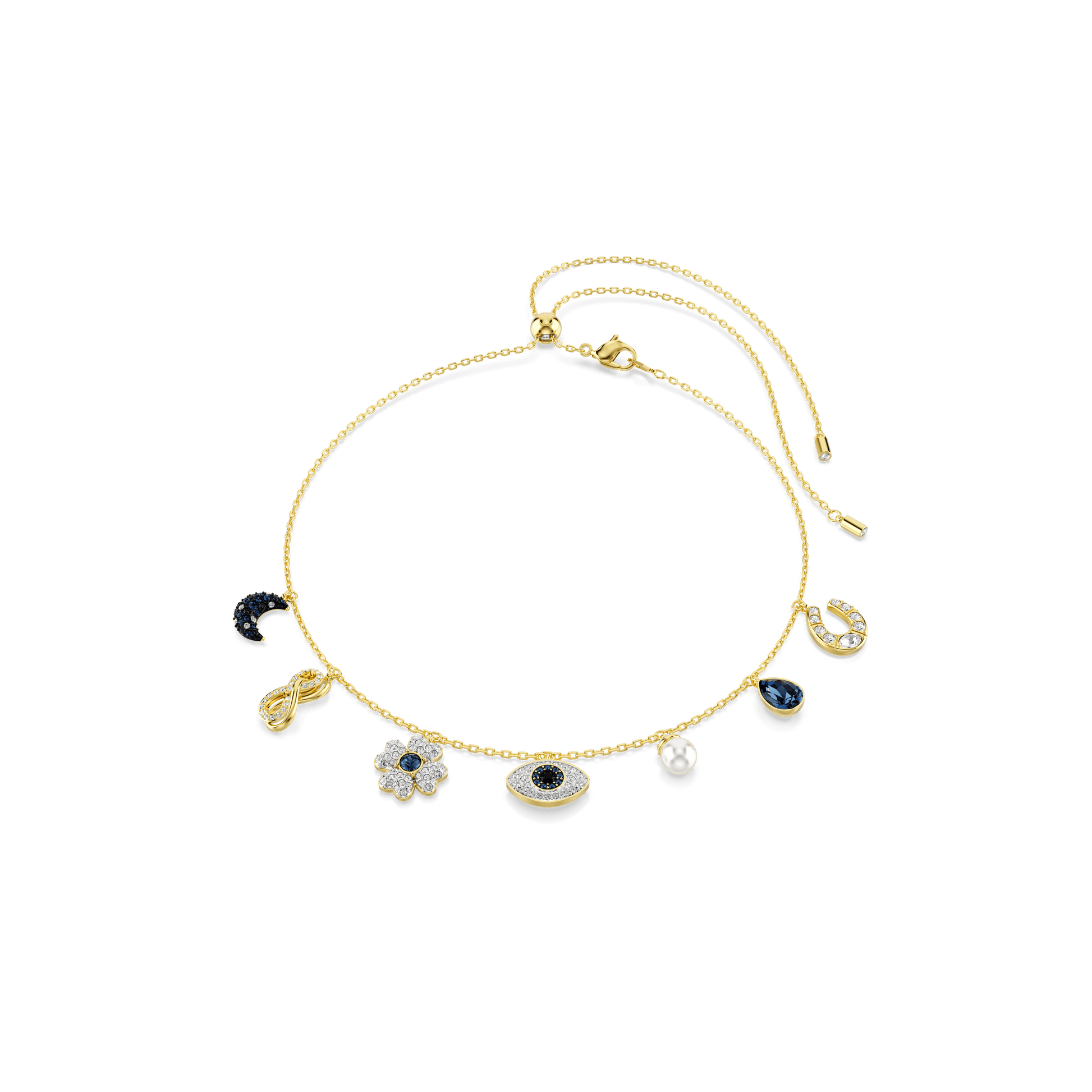 Symbolica choker, Crystal pearl, Moon, infinity, clover, evil eye and horseshoe, Blue, 18K gold finish