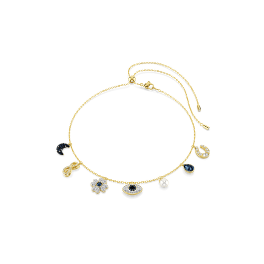 Symbolica choker, Crystal pearl, Moon, infinity, clover, evil eye and horseshoe, Blue, 18K gold finish