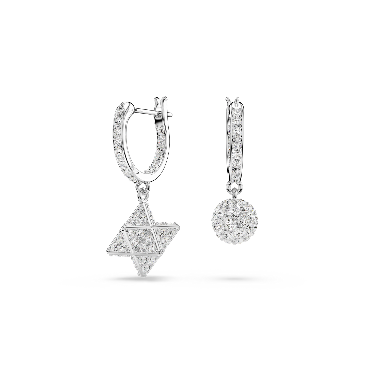 Swarovski Dextera drop earrings, Asymmetrical design, Round cut, Star and sphere, White, Rhodium plated