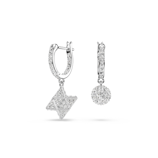 Swarovski Dextera drop earrings, Asymmetrical design, Round cut, Star and sphere, White, Rhodium plated
