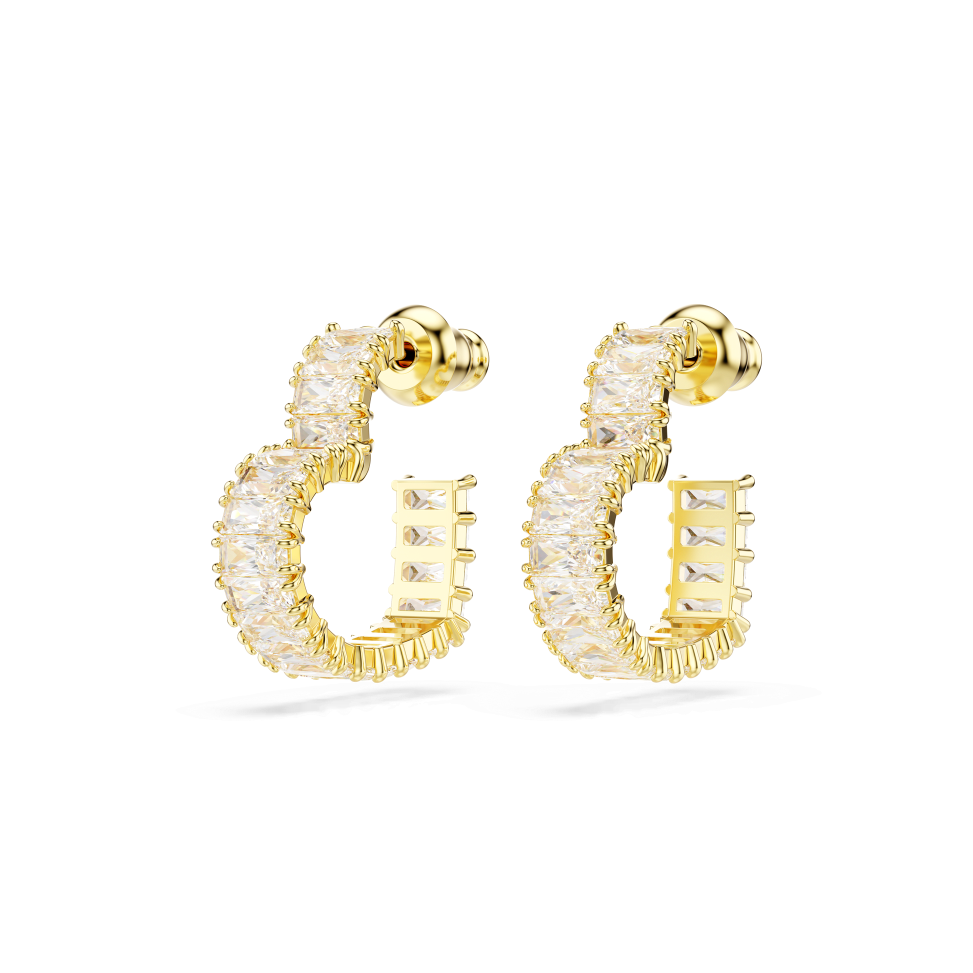 Matrix hoop earrings, Baguette cut, Heart, Small, White, 18K gold finish