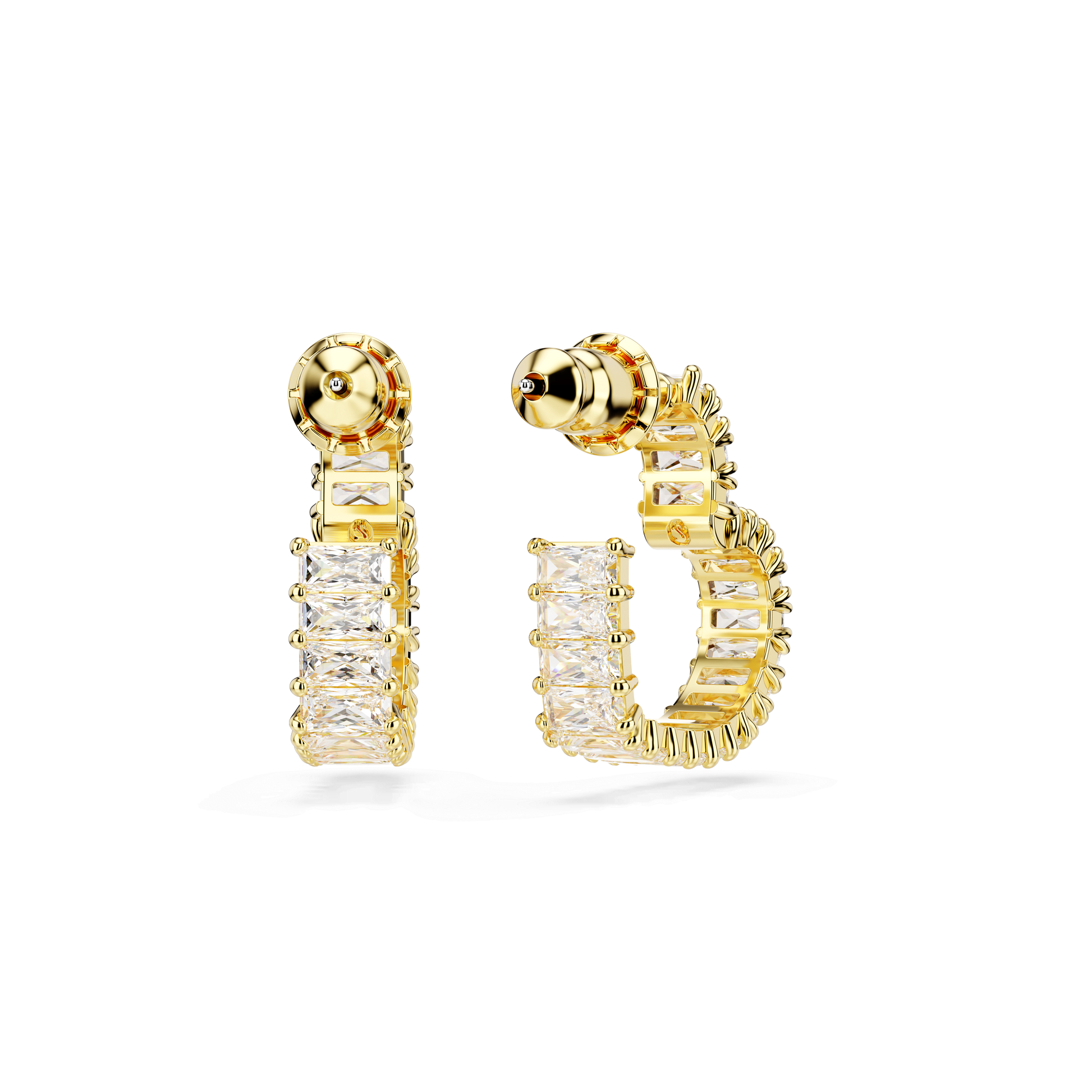 Matrix hoop earrings, Baguette cut, Heart, Small, White, 18K gold finish
