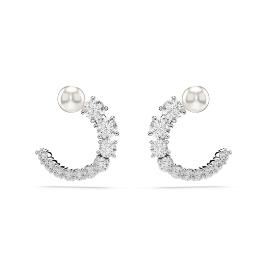 Matrix hoop earrings, Crystal pearl, Round cut, White, Rhodium plated