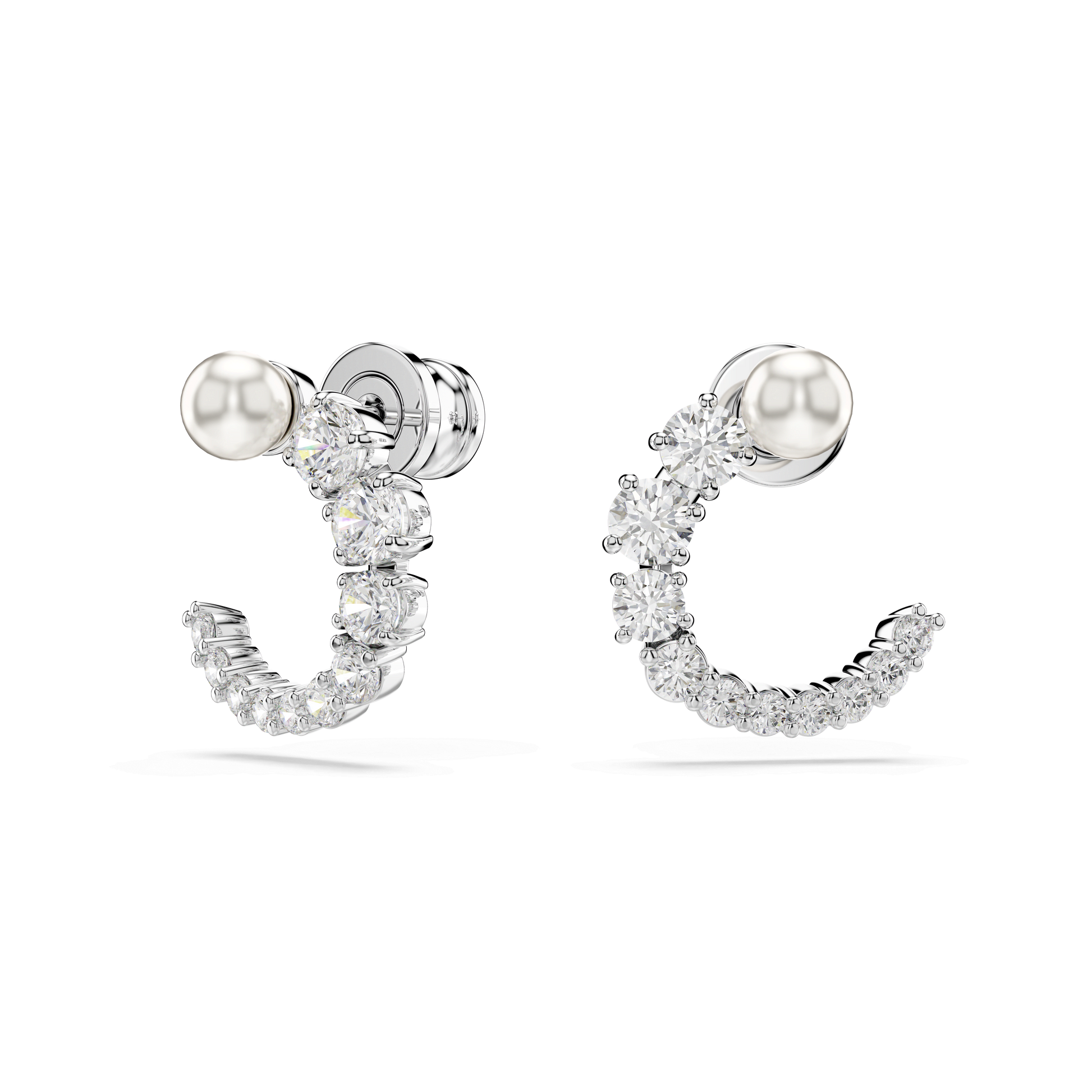 Matrix hoop earrings, Crystal pearl, Round cut, White, Rhodium plated