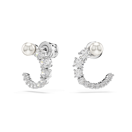 Matrix hoop earrings, Crystal pearl, Round cut, White, Rhodium plated