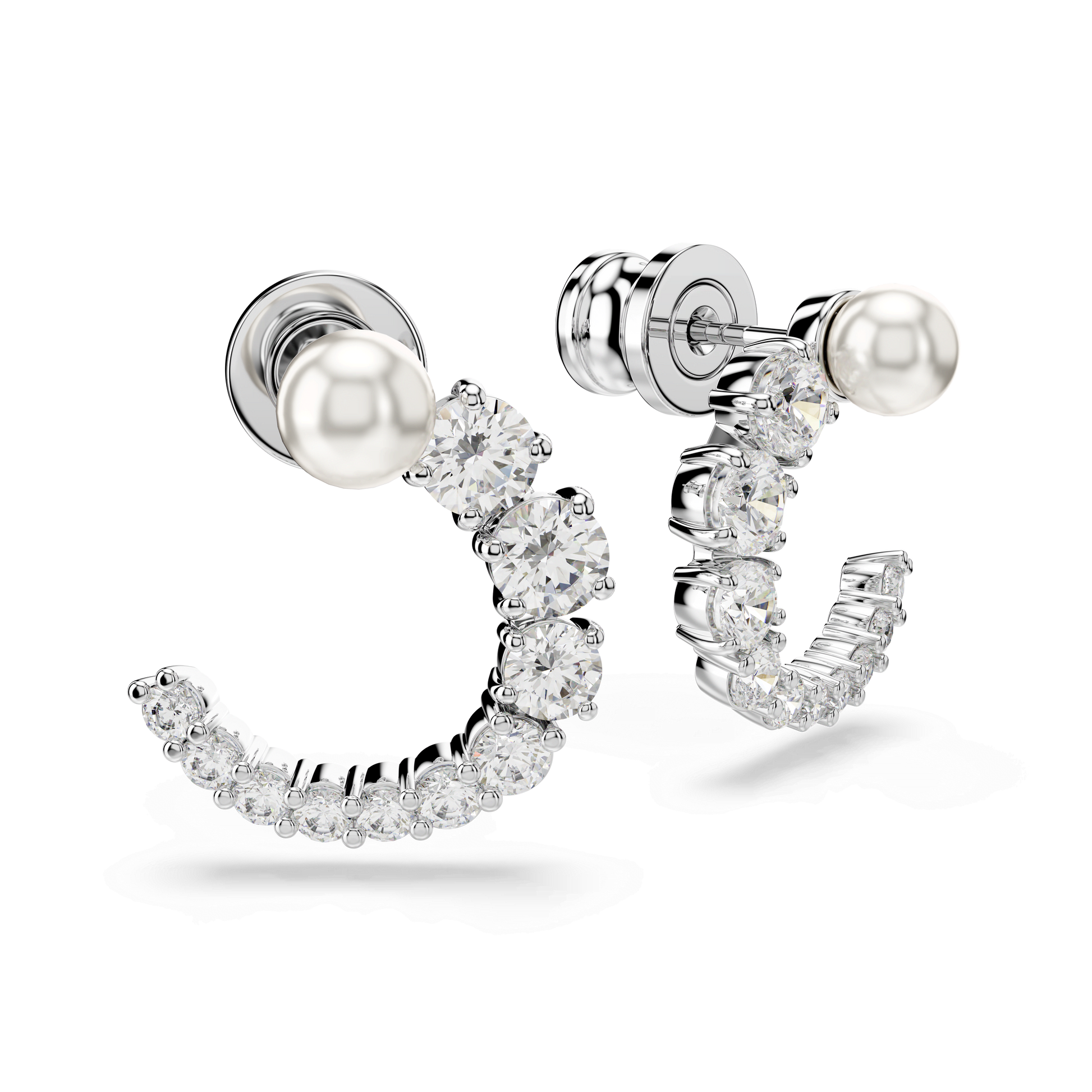Matrix hoop earrings, Crystal pearl, Round cut, White, Rhodium plated