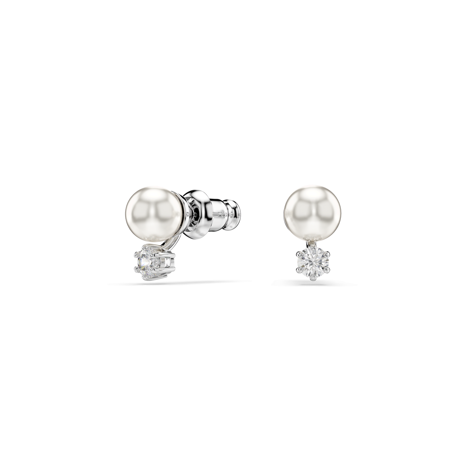 Matrix stud earrings, Crystal pearl, Round cut, White, Rhodium plated