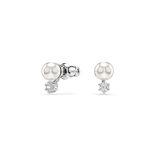 Matrix stud earrings, Crystal pearl, Round cut, White, Rhodium plated