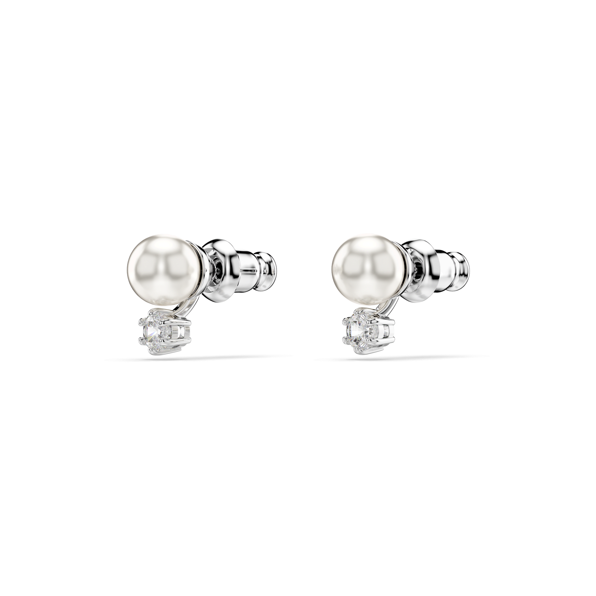 Matrix stud earrings, Crystal pearl, Round cut, White, Rhodium plated