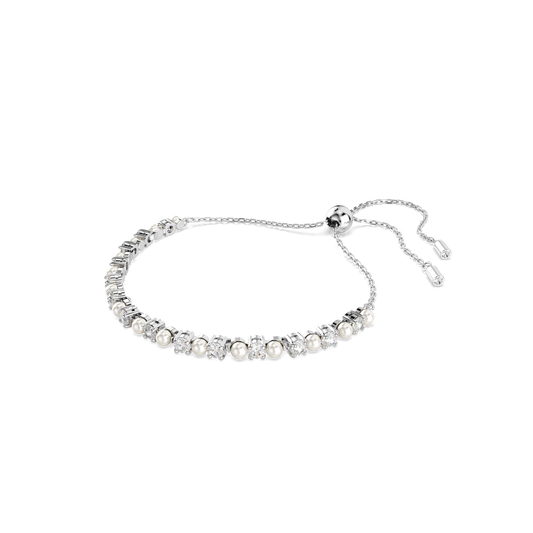 Matrix Tennis bracelet, Crystal pearl, Round cut, White, Rhodium plated