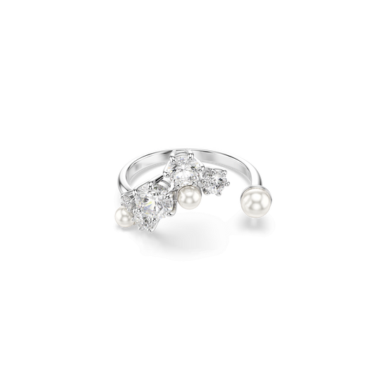 Constella open ring, Crystal pearl, Round cuts, White, Rhodium plated