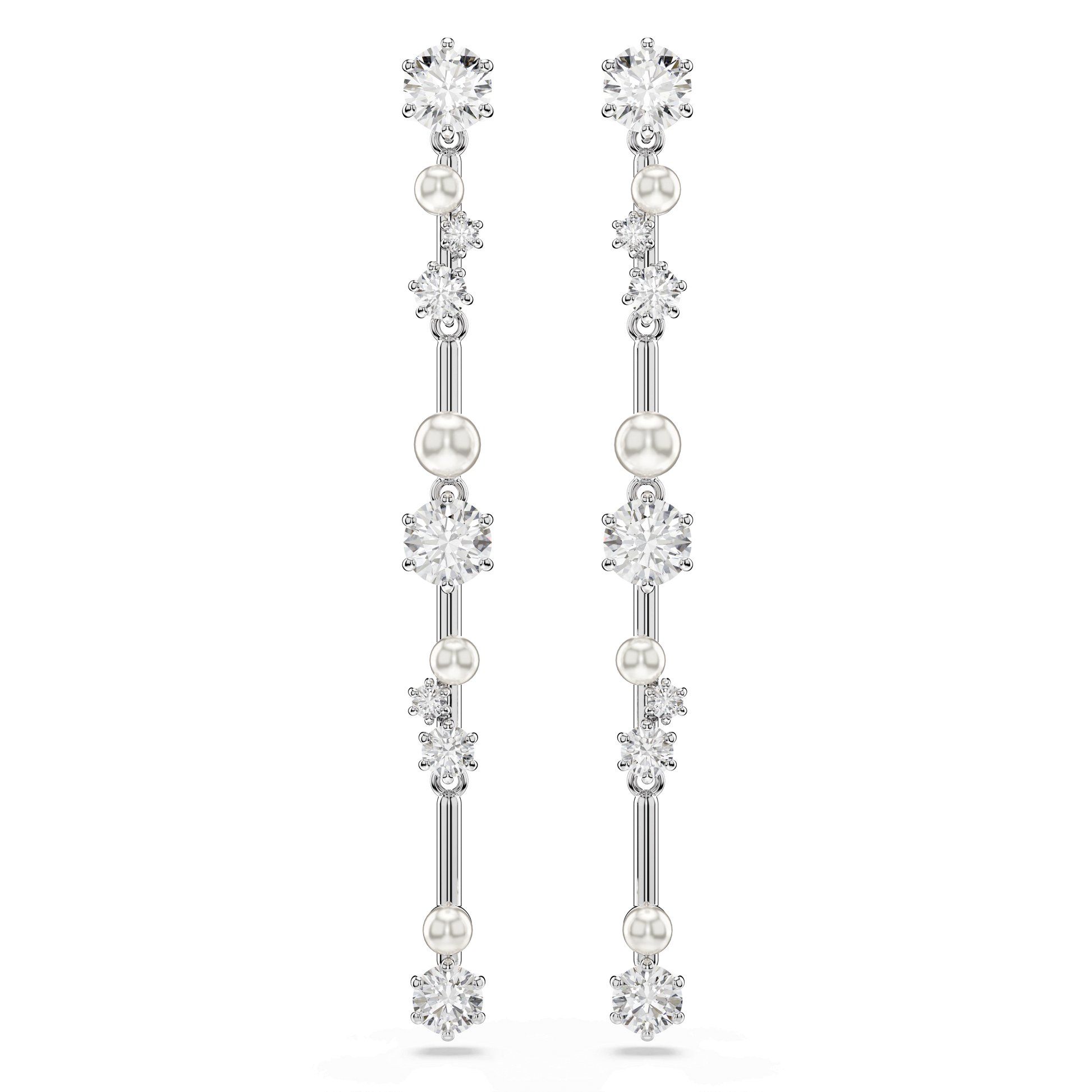 Constella drop earrings, Crystal pearl, Round cuts, White, Rhodium plated