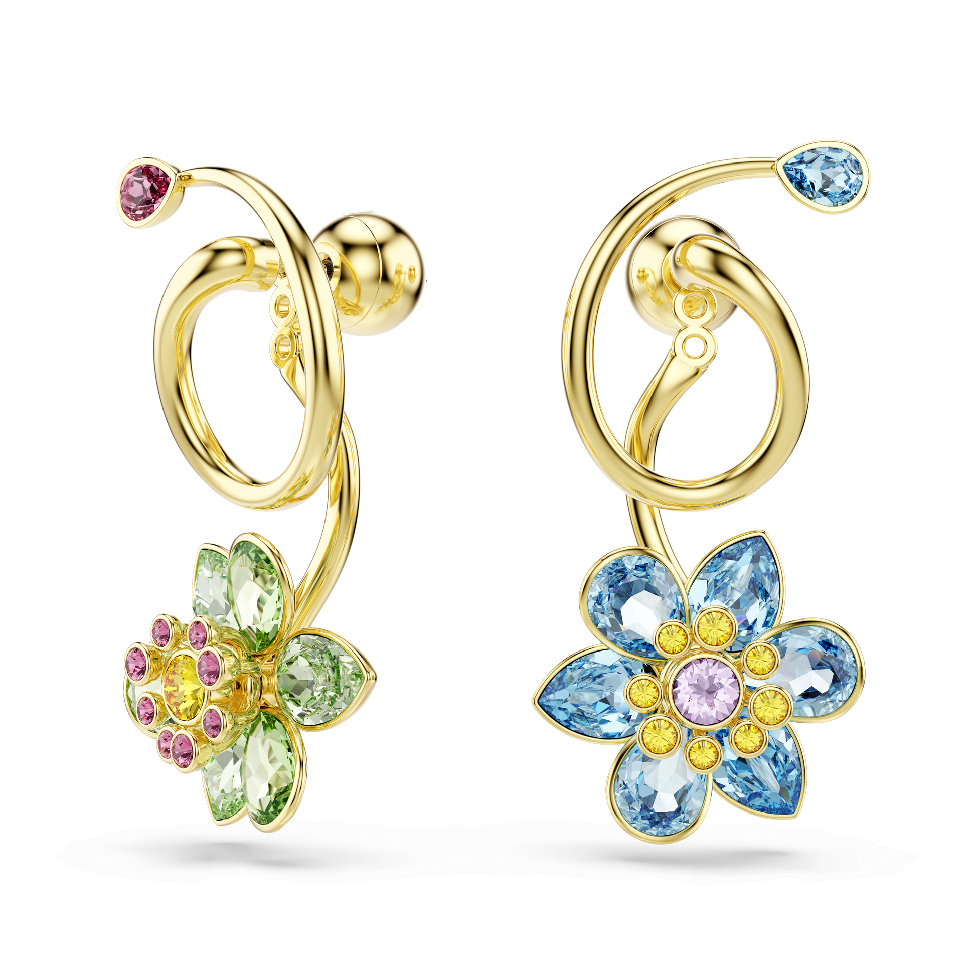 Idyllia drop earrings, Asymmetrical design, Mixed cuts, Flower, Multicolored, 18K gold finish