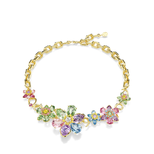 Idyllia necklace, Mixed cuts, Flower, Multicolored, 18K gold finish