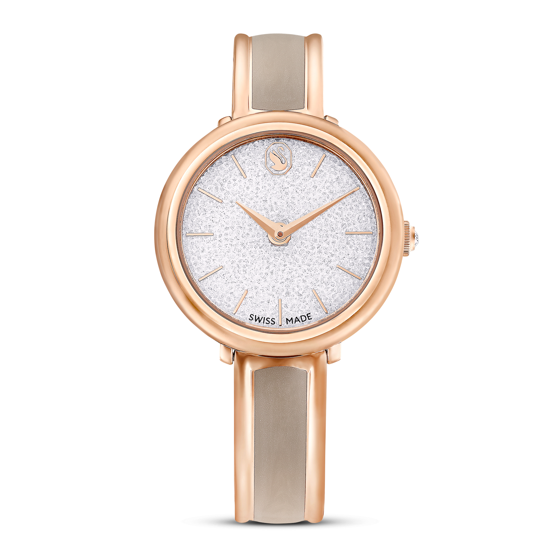 Crystalline bangle watch, Swiss Made, Metal bracelet, Beige, Rose gold-tone finish