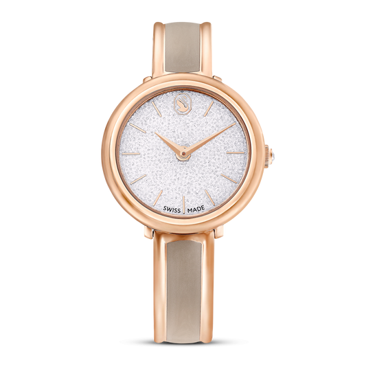 Crystalline bangle watch, Swiss Made, Metal bracelet, Beige, Rose gold-tone finish