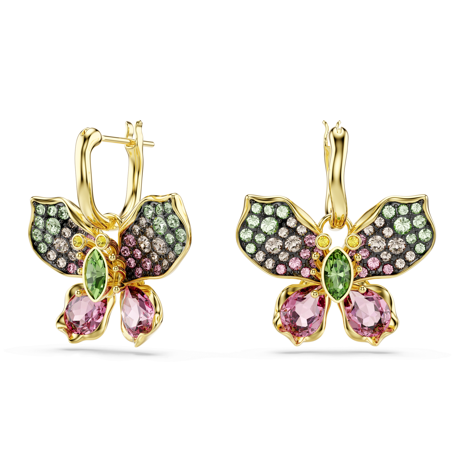 Idyllia drop earrings, Mixed cuts, Pavé, Butterfly, Multicolored, 18K gold finish