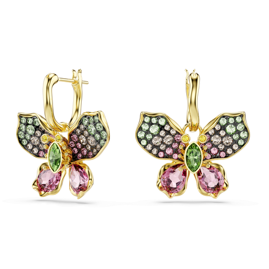 Idyllia drop earrings, Mixed cuts, Pavé, Butterfly, Multicolored, 18K gold finish