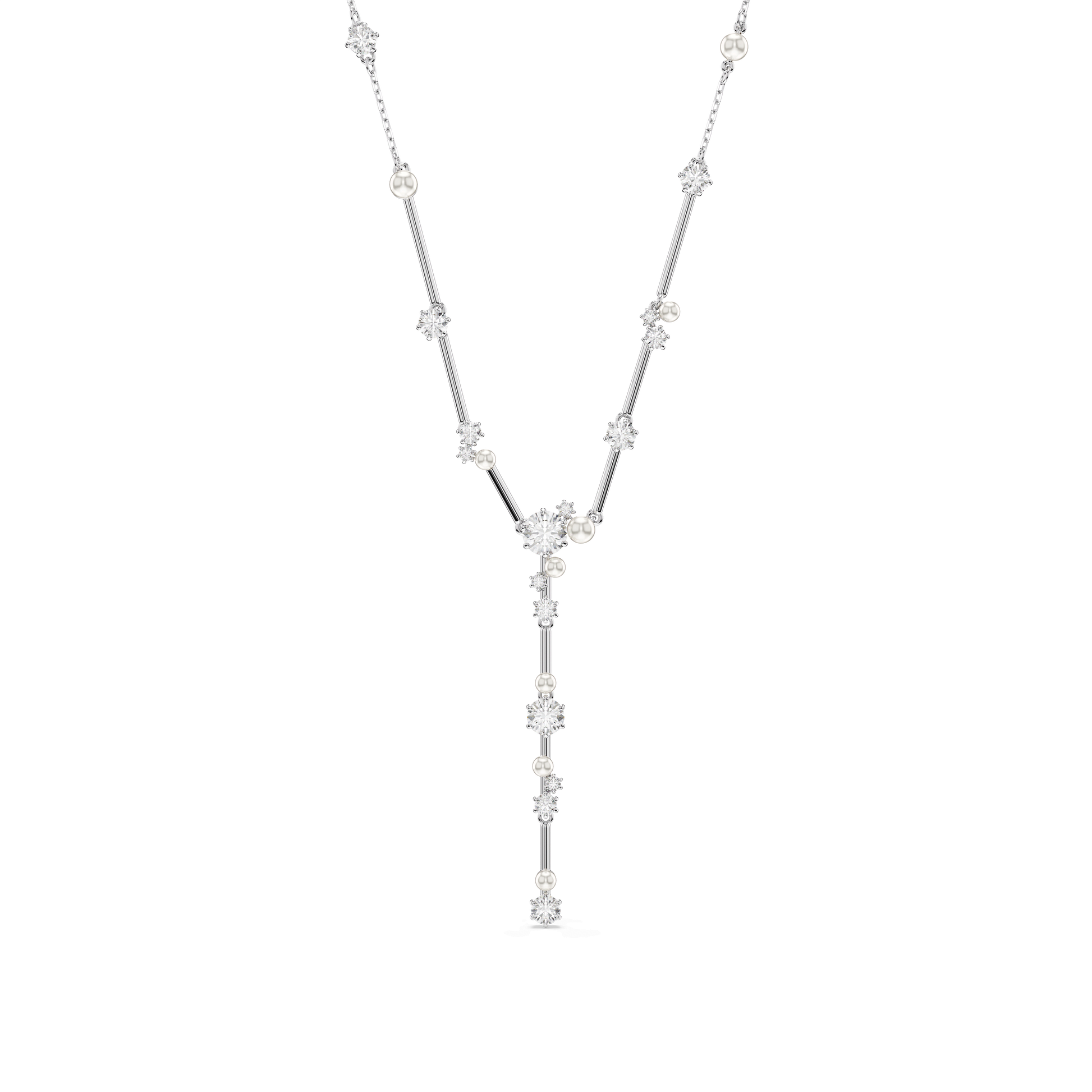 Constella Y necklace, Crystal pearl, Round cuts, White, Rhodium plated